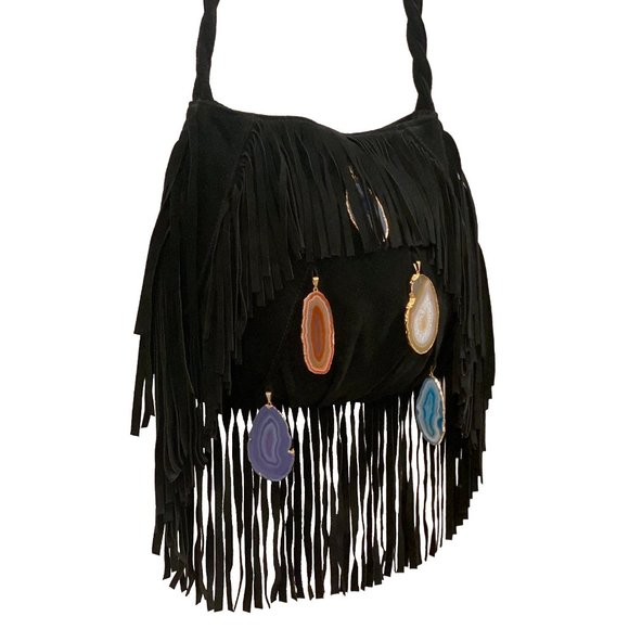 Ember Skye 'Kate' Fringe Suede Leather Satchel with Agate Stones - Picture 4 of 8